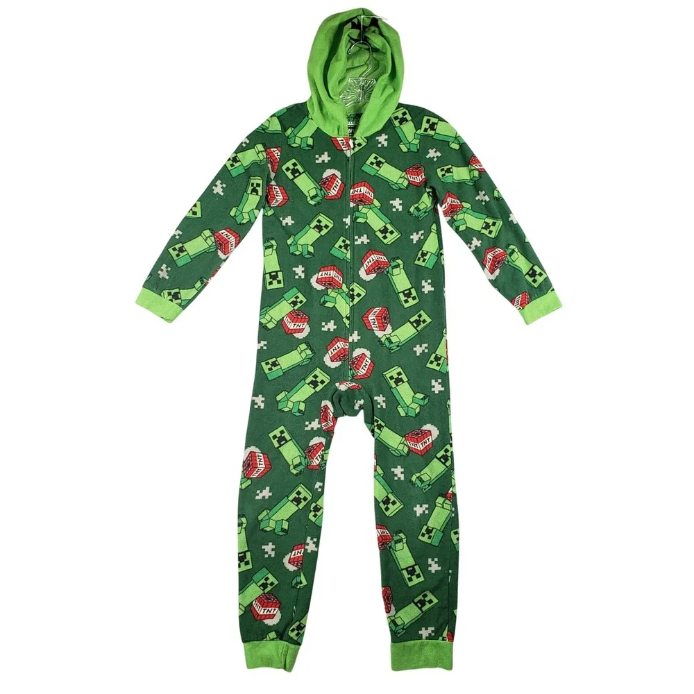 Minecraft Boys Pajamas Creeper TNT Hooded One Piece Sleeper M 8/10 Green Fleece